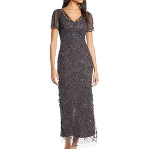 Pisarro Nights V Neck Beaded Mesh Column Gown Slate Maxi Dress Size 14 Elegant